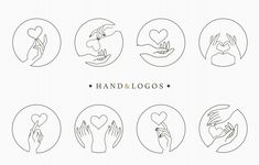 six hand and logo designs with hands holding hearts