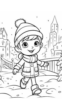 the little boy is walking in the snow coloring pages for kids to print and color