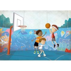 three children playing basketball in an indoor court with graffiti on the wall behind them and one boy jumping up to dunk the ball