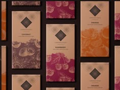 the front and back covers of different types of chocolates, with floral designs on them