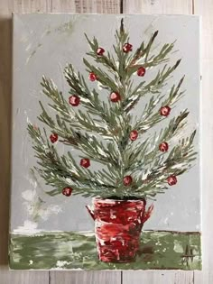 a painting of a christmas tree in a red pot