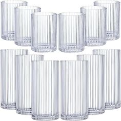 set of six clear glass tumblers on white background