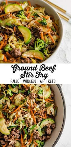 two pictures of ground beef stir fry with carrots and broccoli