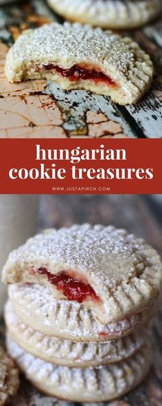 some cookies are stacked on top of each other with the words hungarian cookie treasures written below