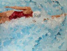 a painting of a man swimming in a pool