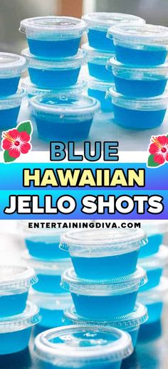 Easy Blue Hawaiian Jello Shots | Halloween Drinks Shots With Coconut Rum, Hawaiian Jello Shots, Blue Pina Colada, Blue Hawaiian Jello Shots, Rum Jello Shots, Pina Colada Jello Shots, Pineapple Cocktails, Blue Jello Shots, Best Jello Shots