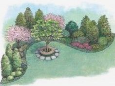 an artist's rendering of a garden with trees, shrubs and stones in the center