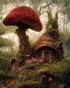 a mushroom house in the middle of a forest with mushrooms growing on it's roof