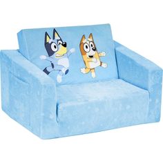 a blue couch with two cartoon characters on it's back and the seat up