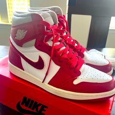 Worn Only A Few Times. Unfortunately Just A Little Big For Me. Loved The Chenille Fabric On The Swoosh - The Textile Variation Is Awesome! Includes The Box And Also The White Laces (Unopened). Size 10.5 Women’s. Varsity Red. The Women’s Air Jordan 1 High Og ‘Newstalgia Chenille’ Brings Subtly Refreshed Details To The Iconic Design. The High-Top Utilizes A Leather Upper That Pairs A White Base With Contrasting Varsity Red Overlays At The Forefoot And Heel. A High-Cut Collar In Light Iron Ore Is L Nike Blazer Women, Air Max 360, Red And Black Shoes, Mushroom Costume, Air Max Axis, Wmns Air Jordan 1, Nike Air Jordan Shoes, Nike Air Max Excee, Nike Air Vapormax Plus