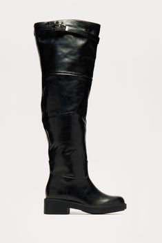 Available In Black. Knee High Flat Boots Hardware Detail Round Toe Low Heel Imported | Paige Thigh High Boots in Black size 6 by Fashion Nova Flat Boots For Women, Knee High Flat Boots, Knee High Boots Flat, Boots Flat, Classy Shoes, Flat Boots, Thigh High Boots, Thigh High, Thigh Highs