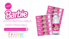 barbie water bottle labels are shown with the label for barbie's party printable