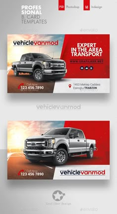 two banners for an automobile company with the image of a pickup truck on it's side