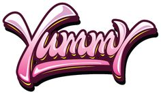 the word yummy written in pink and gold