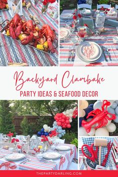 Seafood party supplies and decorations for a backyard clambake Fish Boil Party, Lobster Decorations, Low Country Boil Party Ideas, Seafood Boil Party Ideas, Country Boil Party, Crab Feast Party, Lobster Bake Party