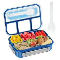 a blue lunch box filled with different types of food next to a fork and knife