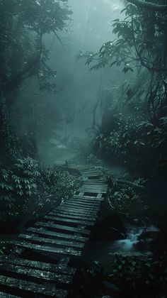 a wooden bridge in the middle of a forest filled with lots of trees and plants