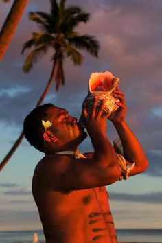 a man standing on the beach holding a shell up to his face with palm trees in the background