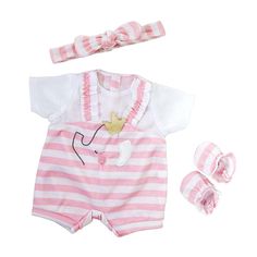 JC Toys Berenguer Boutique Baby Doll Outfit Pink Stripes and White Overall Shorts Every doll needs an outfit change. We are pleased to present you with so many choices to dress your Berenguer Boutique doll, or any other baby doll 14-18"  long. Choose from our many fashions. Each doll outfit is designed to be as beautiful and long-lasting as our dolls. We hope you enjoy completing your Berenguer Boutique Nursery with authentic JC Toys outfits. Baby Doll Outfit, Baby Alive Doll Clothes, Baby Doll Set, Bday Wishlist, Baby Doll Nursery, Outfit Shorts, Silicone Reborn Babies, Boutique Baby, Baby Alive Dolls