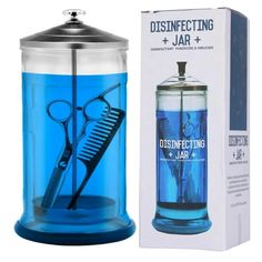 a blue container with scissors and a comb in it next to a box that says disinfecting jar