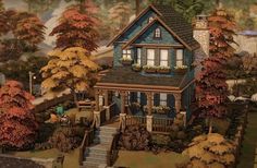 a painting of a house in the woods with trees and bushes around it, surrounded by fall foliage