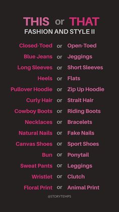 this or that fashion and style poster with the names in pink, black and white