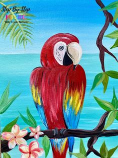 a painting of a red parrot perched on a branch with tropical flowers and water in the background