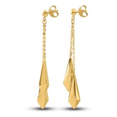 Striking spear dangles are adorned with a high-polish finish in these glamorous women's dangle earrings. Fashioned in 14K yellow gold, the earrings secure in place with friction backs. Yellow Gold Dangle Linear Earrings For Evening, Polished Yellow Gold Diamond Earrings For Evening, Formal Dangle Earrings With Shiny Finish, Formal 14k Gold Drop Chandelier Earrings, 14k Gold Dangle Linear Earrings For Evening, Yellow Gold Dangle Diamond Earrings For Evening, Formal Yellow Gold Long Drop Chandelier Earrings, Diamond Cut Dangle Linear Earrings For Formal Occasions, Formal Linear Drop Earrings With Diamond Cut