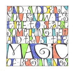 the word magic written in multicolored letters on a white paper with black writing