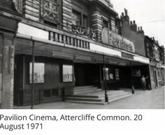 an old black and white photo of the pavillon cinema, attic common, august 1971