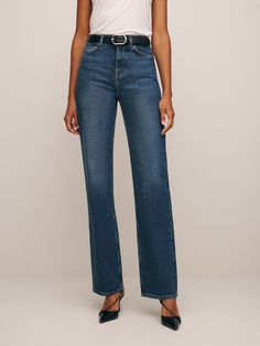 Tell your legs. Shop the Wilder High Rise Wide Jeans from Reformation, a full length jean that is slim throughout the thighs and has a wide leg opening. Airport Attire, Fall Pants, High Rise Wide Leg Jeans, Stretch Denim Fabric, Jean Large, Chopping Block, Pant Trends, Long Jeans, Wide Jeans