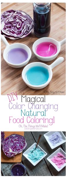 three bowls with food coloring on them and the words diy magic color changing natural food coloring