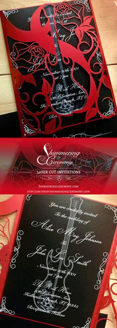 two red and black wedding cards with the same design on them, one has a guitar in it