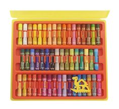 an orange tray filled with lots of crayons