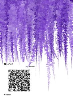 purple flowers on white background with qr code in the foreground and text below