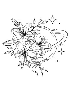 flowers and saturn tattoo design on a white background