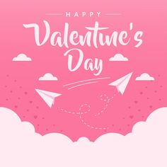 a pink valentine's day card with paper airplanes flying through the sky and clouds