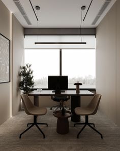 an office with two chairs and a desk in front of a large window overlooking the city