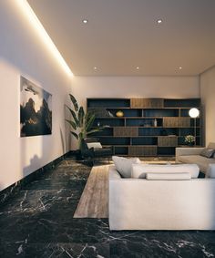 a modern living room with marble flooring and white furniture