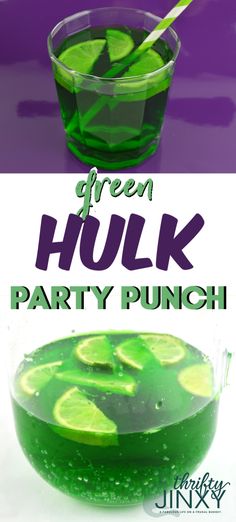 green hulk party punch in a glass with lime slices