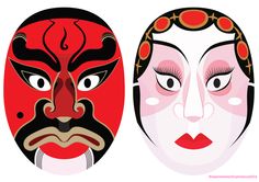 two masks with faces painted in red and black