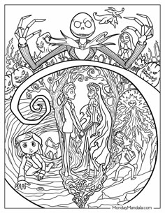 a coloring page with an image of people and animals in the forest, surrounded by trees