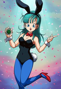 an anime character dressed in bunny ears and blue hair, running through the air with her arms out