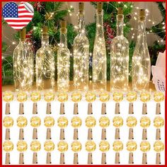 wine bottles with corks and christmas lights are on display in front of an american flag