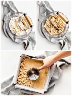 the process to make an oatmeal dessert is shown in three different stages