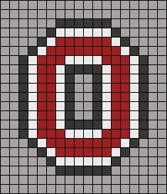 a cross stitch pattern with the letter o in red and black, on a gray background