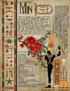 an egyptian painting with flowers and symbols on it