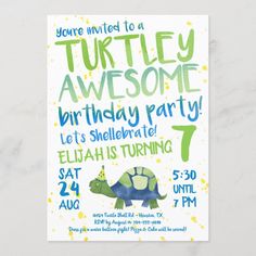 a birthday party card with a turtle on it