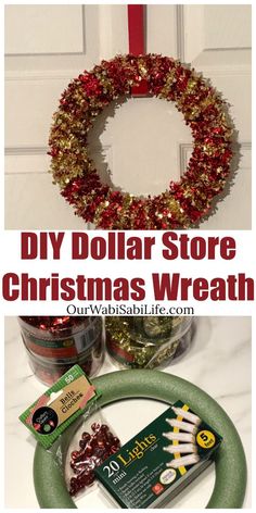 dollar store christmas wreath and other holiday decorations