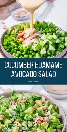 cucumber edamae and avocado salad in a bowl with dressing drizzled on top